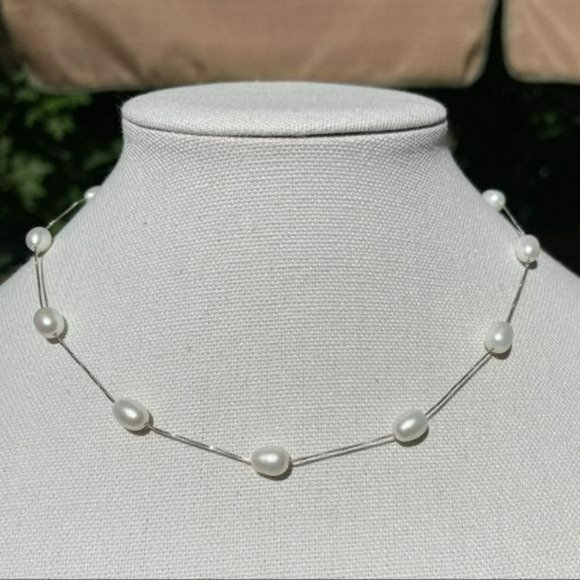 925 Sterling Silver Genuine Cultured White Freshwater Pearls Necklace 17.7in‎ - Picture 8 of 9